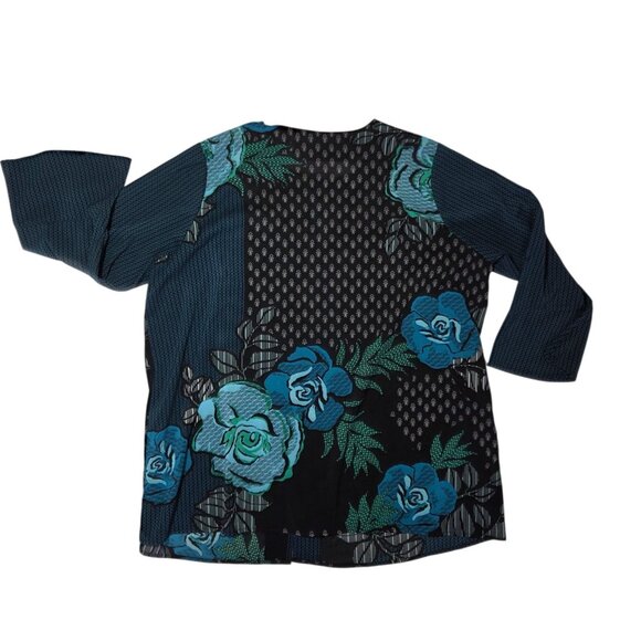 Bob Mackie Wearable Art 3/4 Sleeve Full-Button-Down Floral Blouse Top Black Blue - Picture 4 of 6